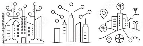 Modern cityscape illustration featuring connected buildings and technology elements.