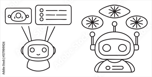 Two cartoon robots with various features and screens, showcasing technology and interaction.
