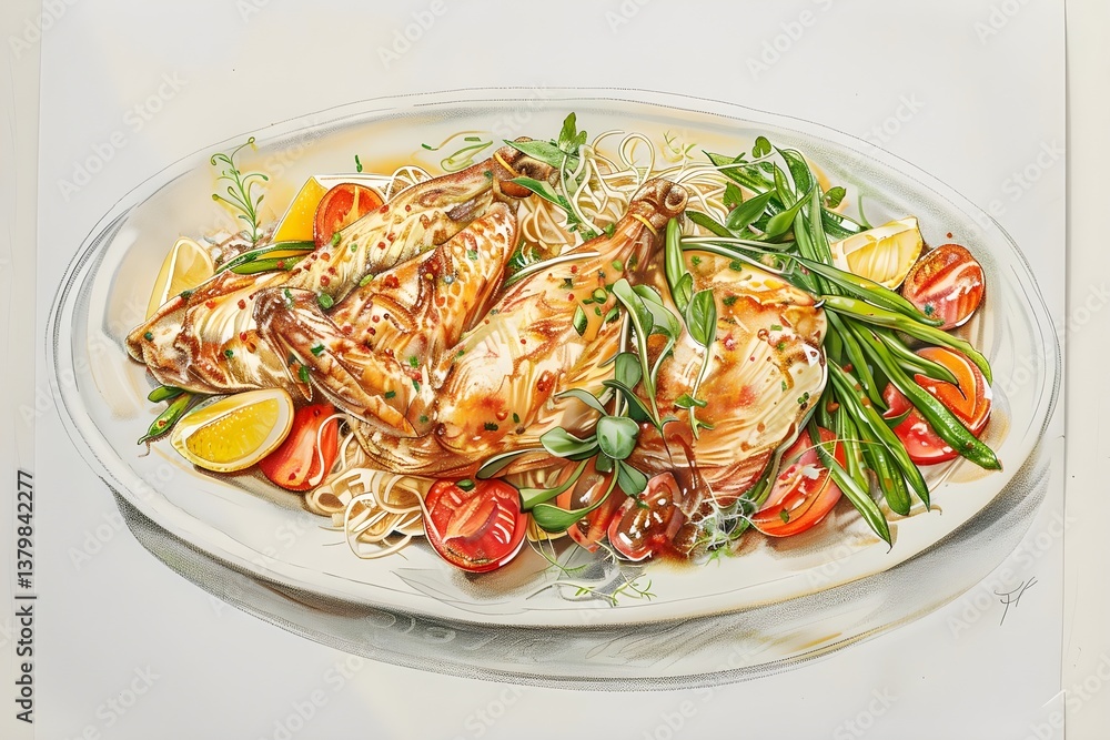 Roasted Chicken with Lemon, Tomatoes, and Green Beans: A Savory Dish Served on a White Plate, Garnished with Fresh Herbs, Appealing Culinary Delights and Elegant Food Presentation. Roasted Chicken with Lemon, Tomatoes, and Green Beans: A Savory Dish Served on a White Plate, Garnished with Fresh Herbs, Appealing Culinary Delights and Elegant Food Presentation.