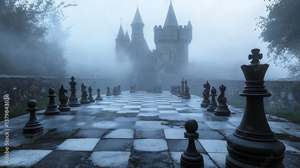 A large outdoor chessboard set with castle in the fog