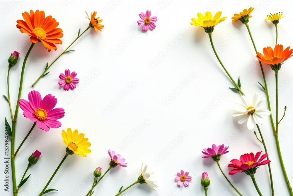 Delicate scattered wildflowers on white background, elegant, petals Delicate scattered wildflowers on white background, elegant, petals