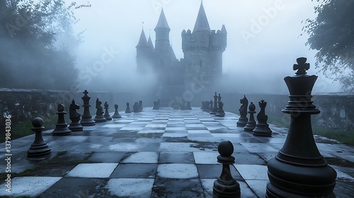 Obraz na płótnie A large outdoor chessboard set with castle in the fog w salonie