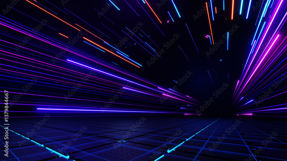 Fototapeta premium 3d render, Abstract futuristic neon light speed lines in dark digital tunnel background