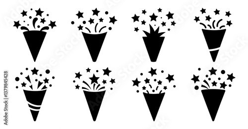 Set of eight black party popper icons with stars and confetti.  Perfect for celebrations, events, and festive designs.