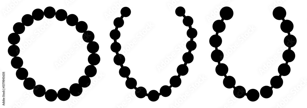 Set of three circular bead patterns, complete circle, open U shape, and open U shape with different curvature. Perfect for design elements, backgrounds, or borders. Set of three circular bead patterns, complete circle, open U shape, and open U shape with different curvature. Perfect for design elements, backgrounds, or borders.