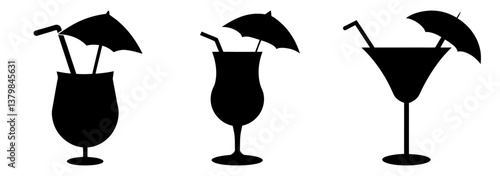 Set of three silhouette cocktail icons with umbrellas and straws. Perfect for summer menus, bar designs, or tropical themes.