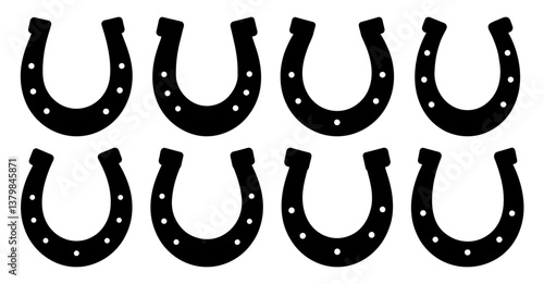 Collection of eight horseshoe silhouettes.  Good luck charm, symbol of fortune, and equestrian theme.