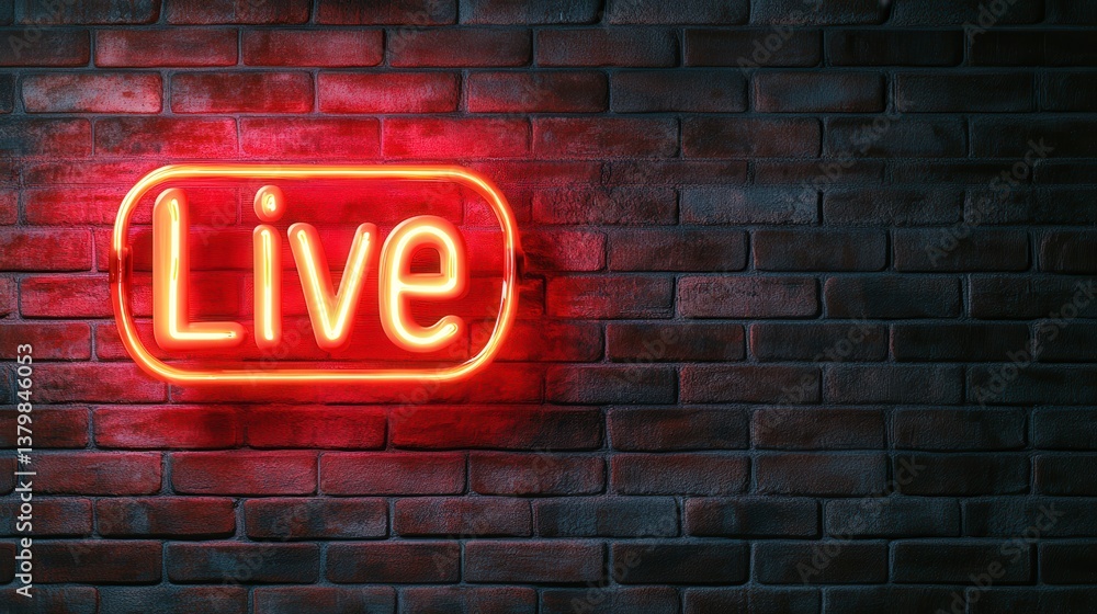 Bright Glowing Neon Sign in Red Illuminating the Wall with the Word Live in Stylish Font Bright Glowing Neon Sign in Red Illuminating the Wall with the Word Live in Stylish Font