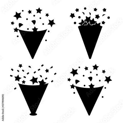 Set of four party popper icons, celebrating festive occasions.  Simple, black silhouettes on white background.