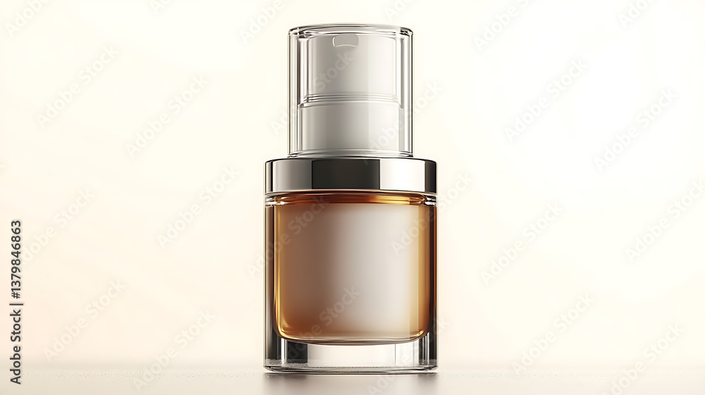 sleek glass bottle containing luxurious cream, featuring pump dispenser, set against soft, neutral background. This elegant packaging is perfect for skincare enthusiasts sleek glass bottle containing luxurious cream, featuring pump dispenser, set against soft, neutral background. This elegant packaging is perfect for skincare enthusiasts