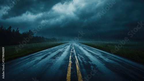 A rainy day with a road in the background. The road is wet and the sky is dark