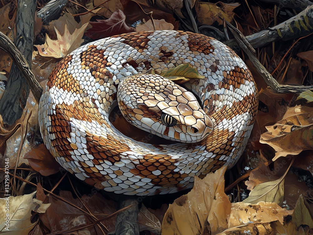 Obraz premium Coiled Rattlesnake Illustration Among Autumn Leaves and Branches Wildlife Art