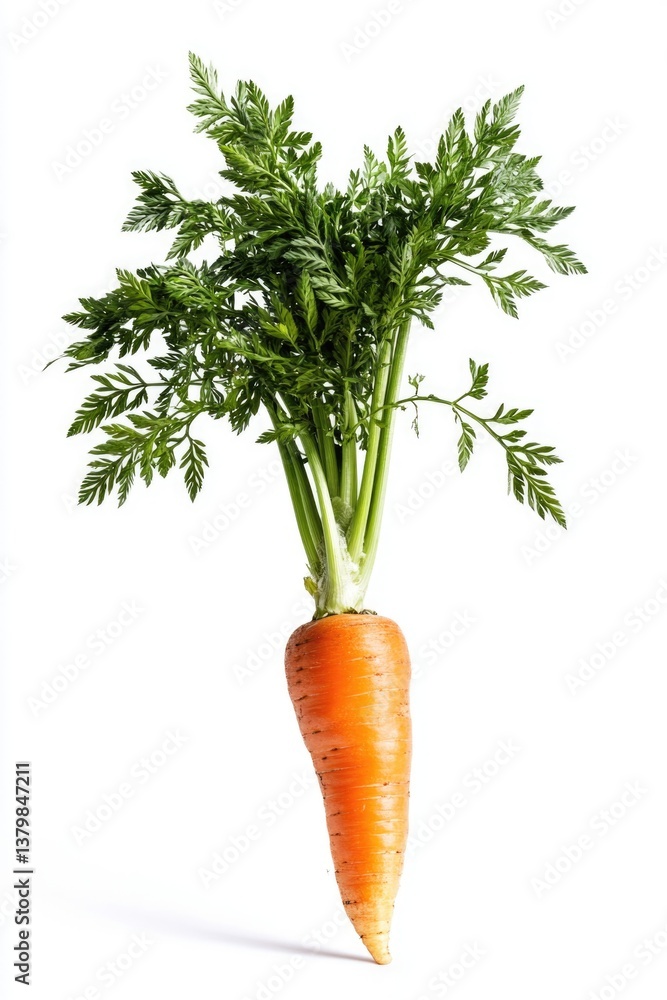A carrot is shown in its natural form, with its stem and leaves still attached. The carrot is the main focus of the image, and it is fresh and healthy A carrot is shown in its natural form, with its stem and leaves still attached. The carrot is the main focus of the image, and it is fresh and healthy