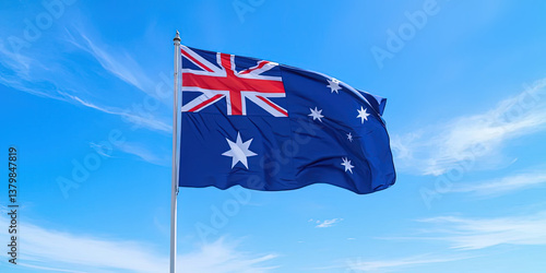 Australian flag waving in blue sky. Celebrate Australian independence day and Republic day, National pride, Patriotism, and Freedom.