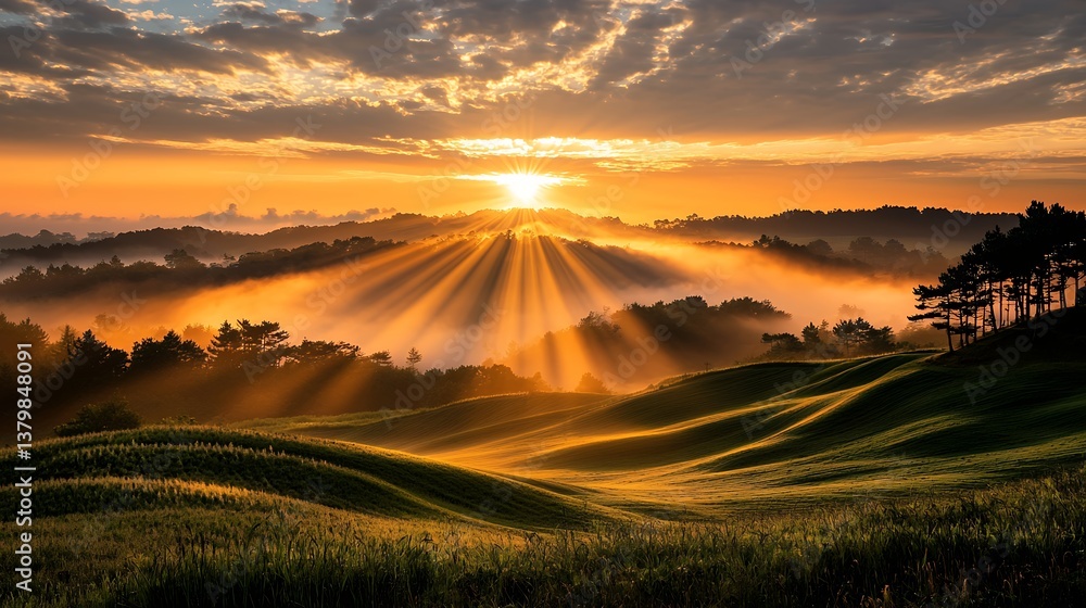 Obraz premium Golden Sunrise Over Misty Rolling Hills