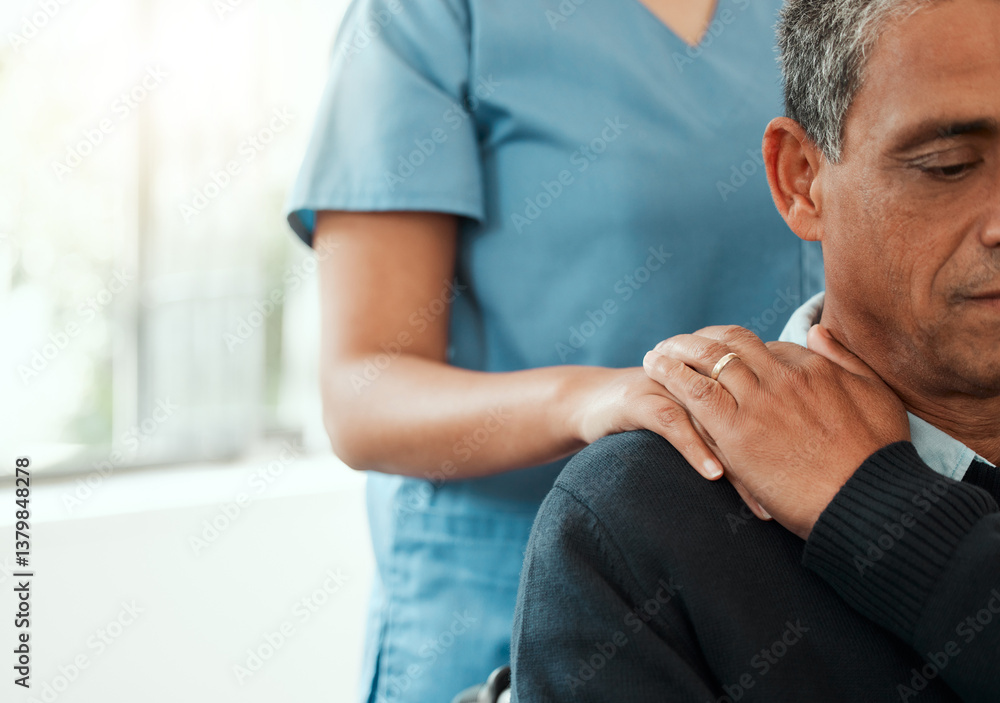 Obraz premium Nurse, senior and man with hand on shoulder for support in retirement home, kindness and trust for assisted living. Closeup, caregiver and elderly person with gesture of comfort and empathy in house.