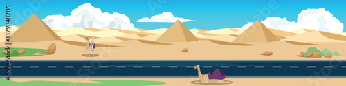 Landscape of asphalt road cutting through the desert area. Background of Pyramid on the desert floor. Was a camel sitting on the side of the road and an Arab was riding it. Under blue sky.