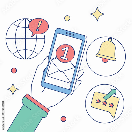 Email Marketing Concept: Person with Megaphone Promoting Red Email Envelope, Laptop, Digital Communication, and Online Promotion Strategy