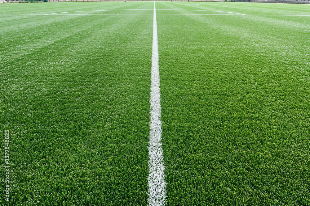 Obraz premium Lush green soccer field with pristine white lines for an exciting match on a sunny day, perfectly maintained grass surface welcoming players for a competitive game in a football stadium