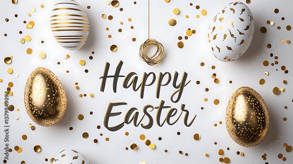 Fototapeta premium Decorative Easter Eggs with Gold Details and Confetti on White Background Texture