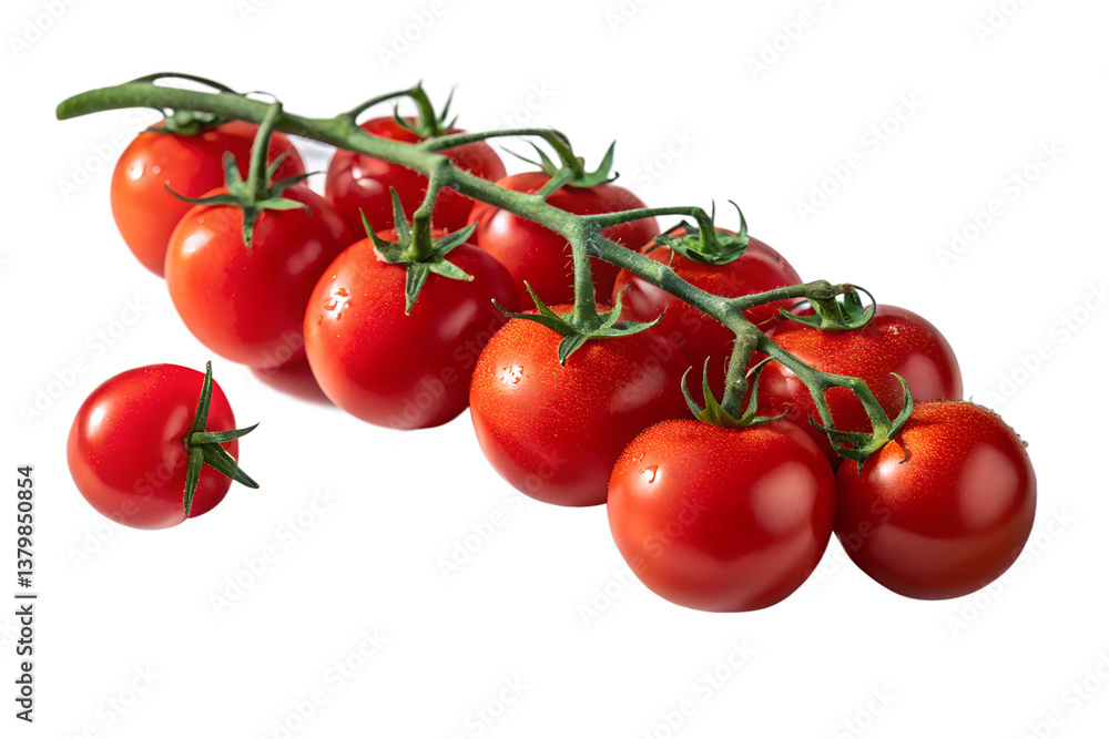 Ripe red cherry tomatoes, a healthy and fresh bunch of the organic fruit on a white background Ripe red cherry tomatoes, a healthy and fresh bunch of the organic fruit on a white background