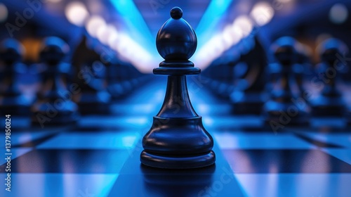 A black chess piece is in the middle of a chess board. The board is blue and white