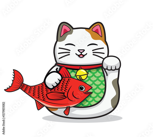 Cute smiling Japanese lucky cat called Maneki Neko holding The red fish represents abundance and prosperity drawing in colorful cartoon vector
