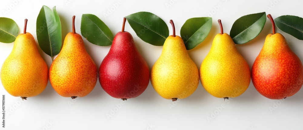 Obraz premium Colorful pears with leaves in a row on white background Fresh ripe yellow, red, and orange pears Concept of healthy eating, organic food, and fruit harvest