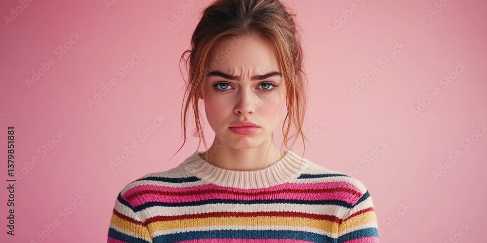 A woman with red hair and a pink and white striped sweater is looking down. She has a red lip and a frown on her face A woman with red hair and a pink and white striped sweater is looking down. She has a red lip and a frown on her face