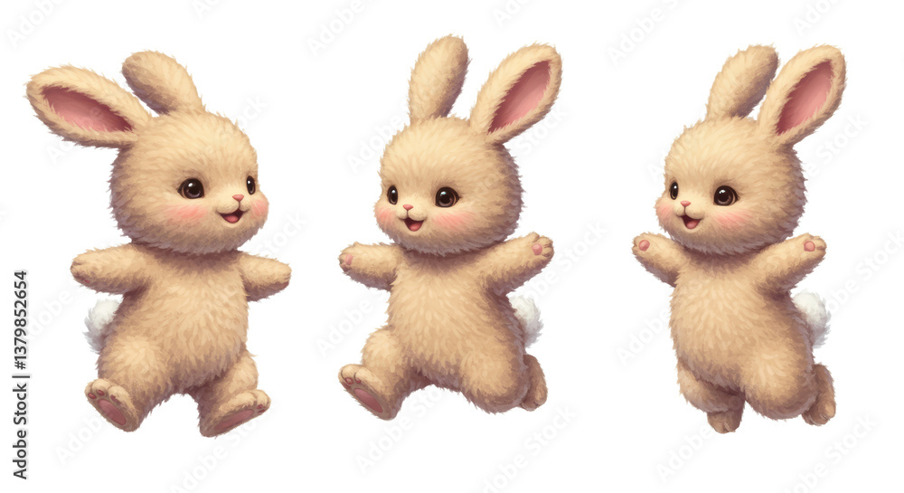 Fototapeta premium Running Cartoon Easter Bunnies on White Background for Graphic Design