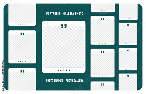 A clean, minimalist grid of 11 white photo frames on a dark teal background with light teal quotation marks and gold dots. Perfect for portfolios, Instagram posts, and product advertisements