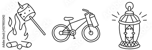 Camping is fun outdoor activity featuring campfire, bicycle, and lantern for cozy atmosphere