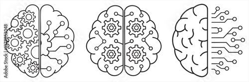 Illustration of a brain divided into mechanical and digital sections.
