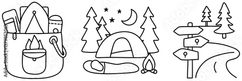Camping gear tent sleeping bag campfire nature outdoor adventure hiking trail forest