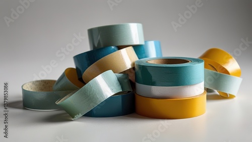 Pile of sticky tape lies on table, background.