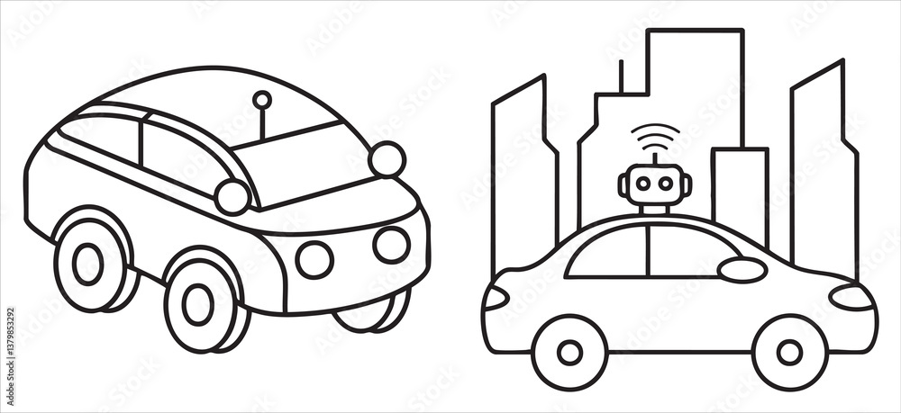 Illustration of robotic cars in an urban setting with buildings. Illustration of robotic cars in an urban setting with buildings.