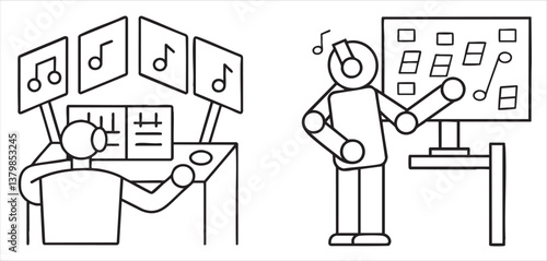 Illustration of a music producer working at a desk with screens and a mixer.