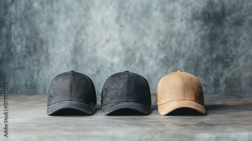 Three baseball caps, black and beige, on a table