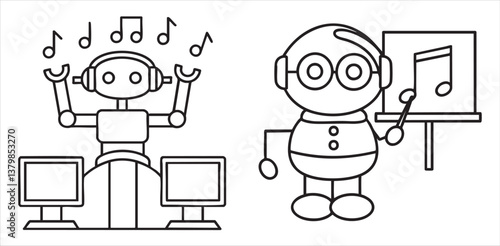 Two cartoon robots engaged in music-related activities with musical notes and screens.