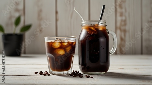 Cold brew coffee with milk on white wooden table
