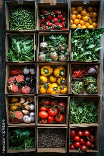 A variety of vegetables and fruits are displayed in boxes, including tomatoes, peppers, and broccoli. Concept of abundance and freshness, as the produce is arranged in neat rows