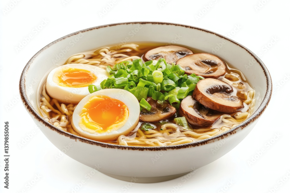 Halved Soft-Boiled Egg on Ramen Noodles with Shiitake and Green Onion Garnish Halved Soft-Boiled Egg on Ramen Noodles with Shiitake and Green Onion Garnish
