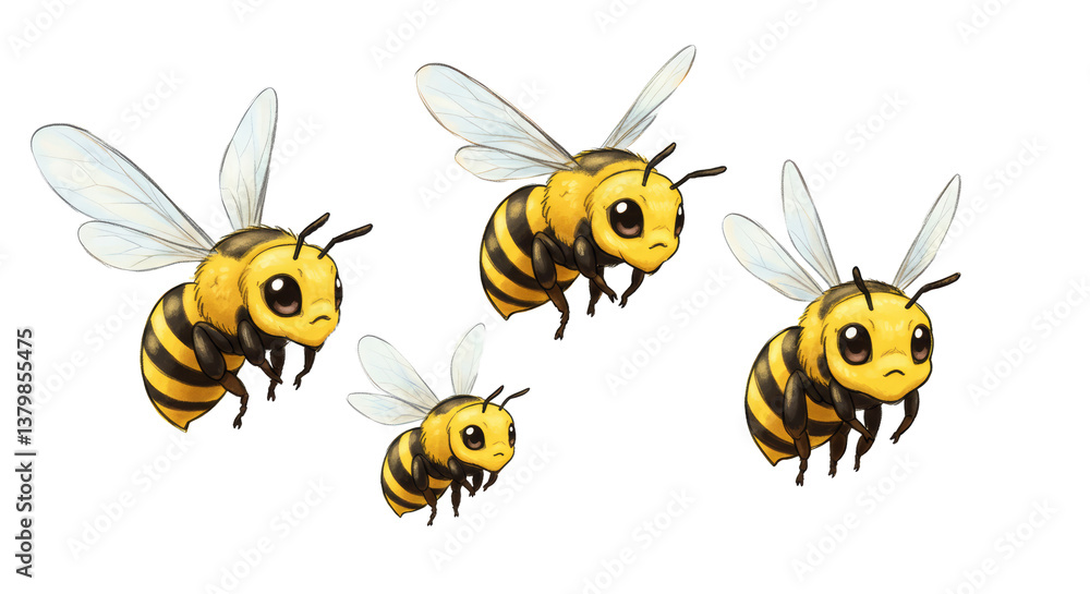 Cartoon Bees Flying Together Adorable Character Illustration Isolated on White Cartoon Bees Flying Together Adorable Character Illustration Isolated on White