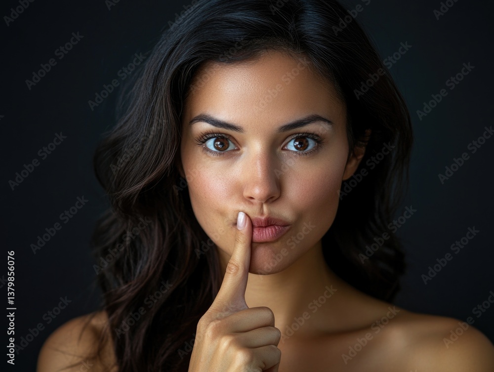 A woman with long hair is holding her nose and making a sign of the peace. Concept of calm and tranquility