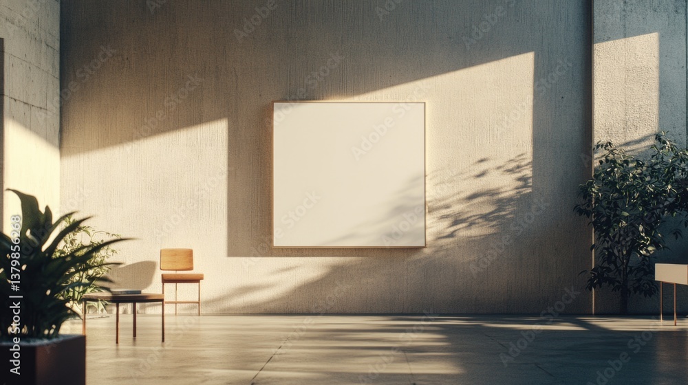 A white framed picture hangs on a wall in a room with a chair and a potted plant. The room is empty and has a minimalist feel