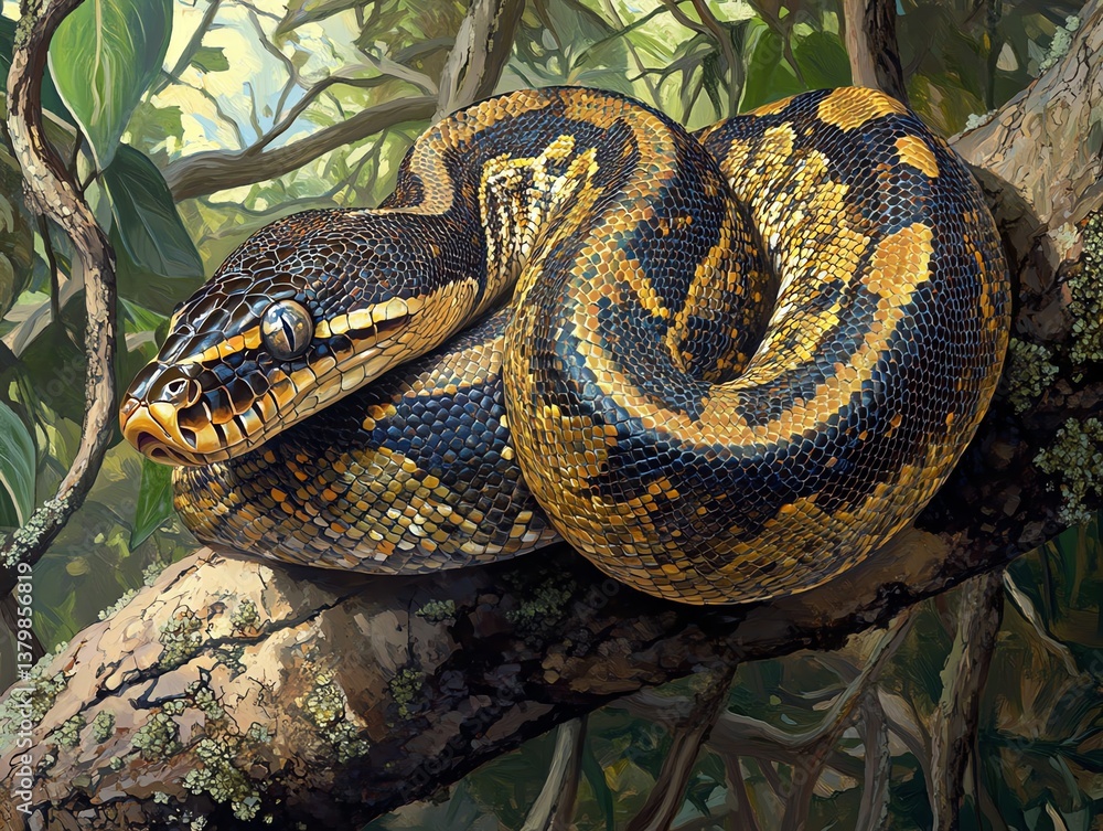 Fototapeta premium Coiled Python Snake Resting on Tree Branch in Lush Jungle