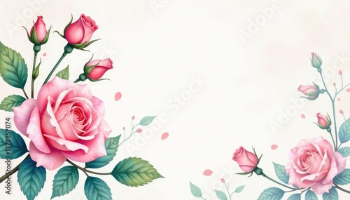 Delicate watercolor roses, leaves, and buds in soft pastel hues , repeat, background, watercolor