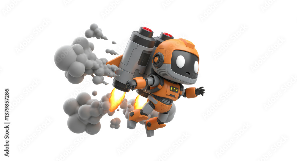 Flying Robot with Jetpack Cartoon Character Ready for Space Adventures Flying Robot with Jetpack Cartoon Character Ready for Space Adventures