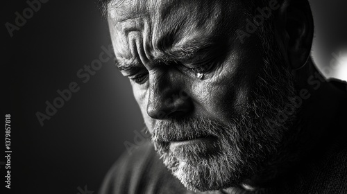 Emotion-filled portrait of a man reflecting on a sorrowful moment indoors in soft lighting