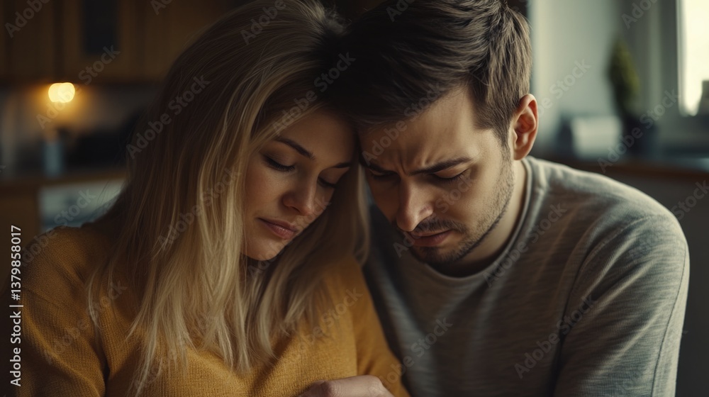 A couple is hugging each other in a kitchen. The woman is wearing a yellow sweater and the man is wearing a gray shirt. They seem to be comforting each other A couple is hugging each other in a kitchen. The woman is wearing a yellow sweater and the man is wearing a gray shirt. They seem to be comforting each other